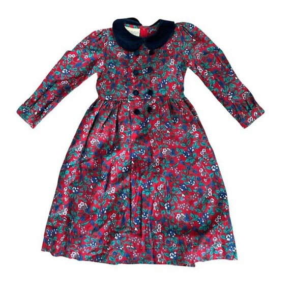 Vintage Jenny Mcdowell Girls Floral Dress Red Blue Velvet Button England Size 6 - Picture 1 of 11